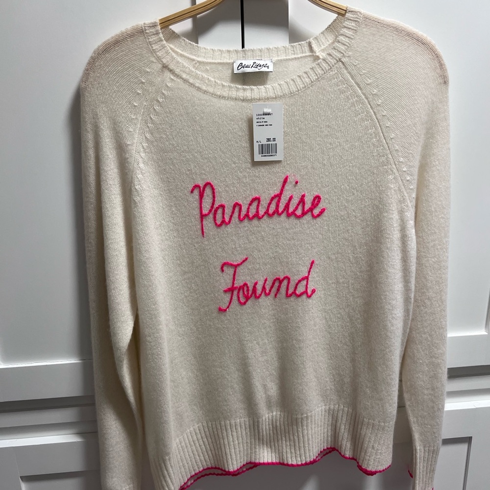 Cashmere Sweater with Pink Paradise Script made exclusively for Beau Rivage